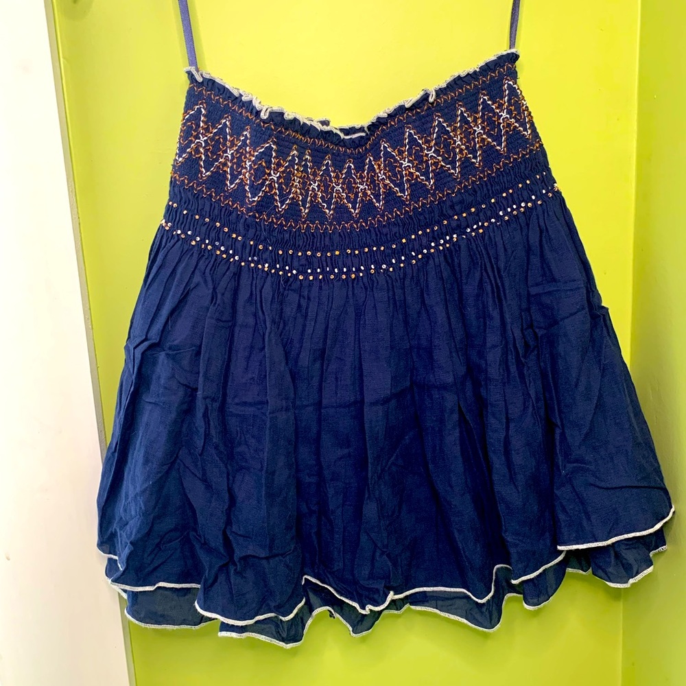 Free People Navy Strapless Beaded Smocked Ruched Tube Top S/P